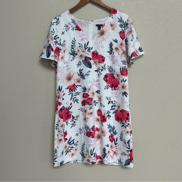 Ann Taylor Women’s Medium White Pink Red Floral Shift Dress Short Sleeve Lined - Picture 1 of 8